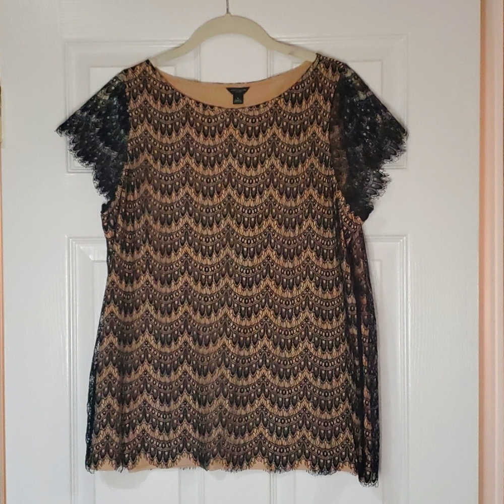 Ann Taylor black lace top with nude liner - Size L